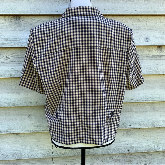 Vintage 80s Gingham Plaid Seersucker Button Up Short Sleeve Peter Pan Collar Top - Picture 15 of 16